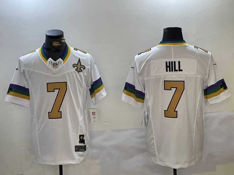 Mens New Orleans Saints #7 Taysom Hill White With Patch 2024 FUSE Vapor Limited Stitched Jersey